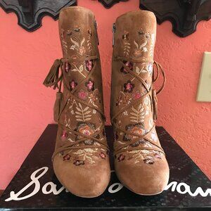 Sam Edelman Embroidered Suede Booties (Winnie, Whiskey Suede) Size 6